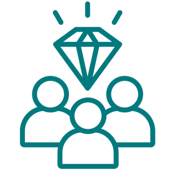 Icon of three people with a diamond above them, representing value, exclusivity, or premium quality.