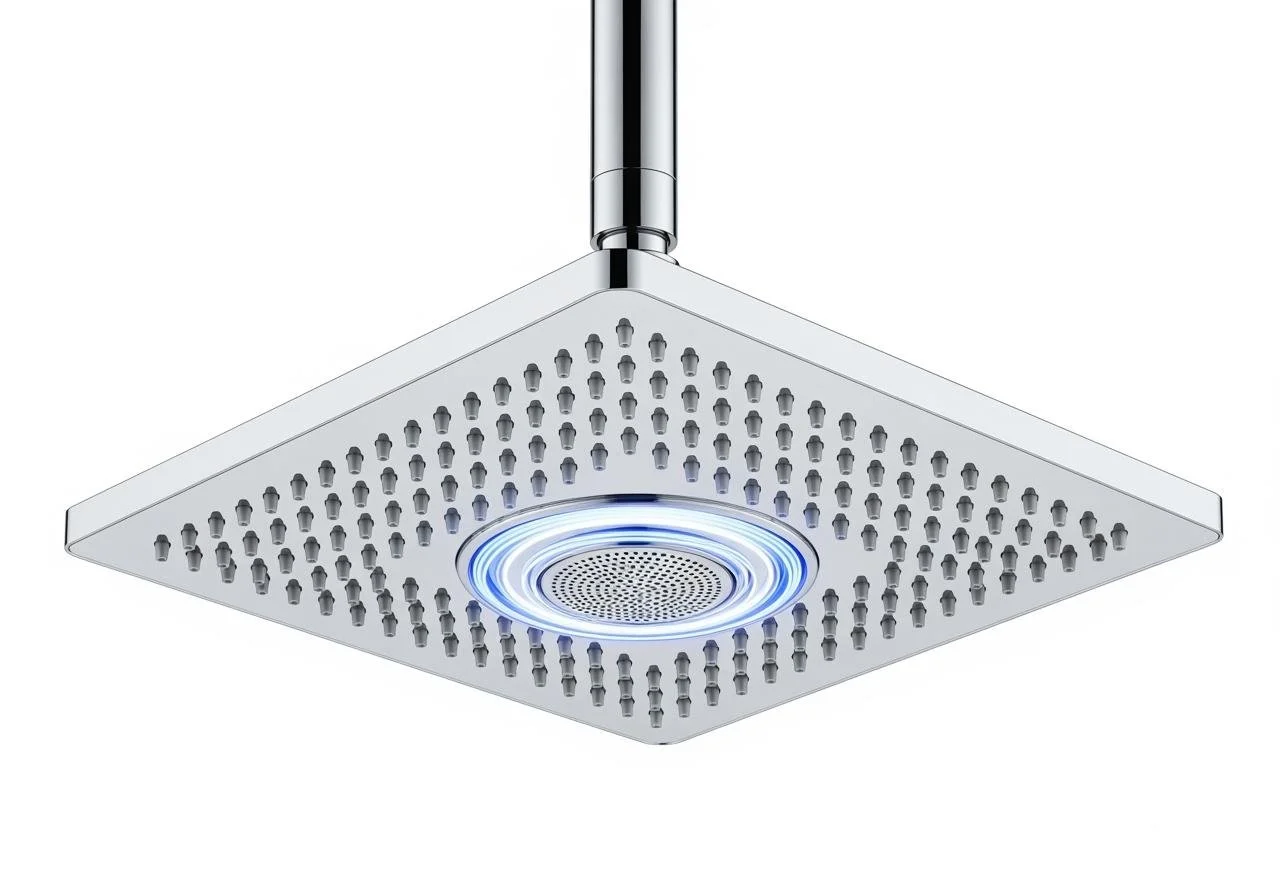 Modern square shower head with a chrome pipe and blue LED lights.