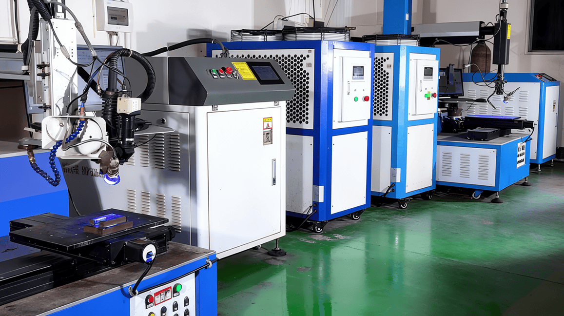 Industrial manufacturing equipment in a factory setting, including several blue and white machines aligned in a row.