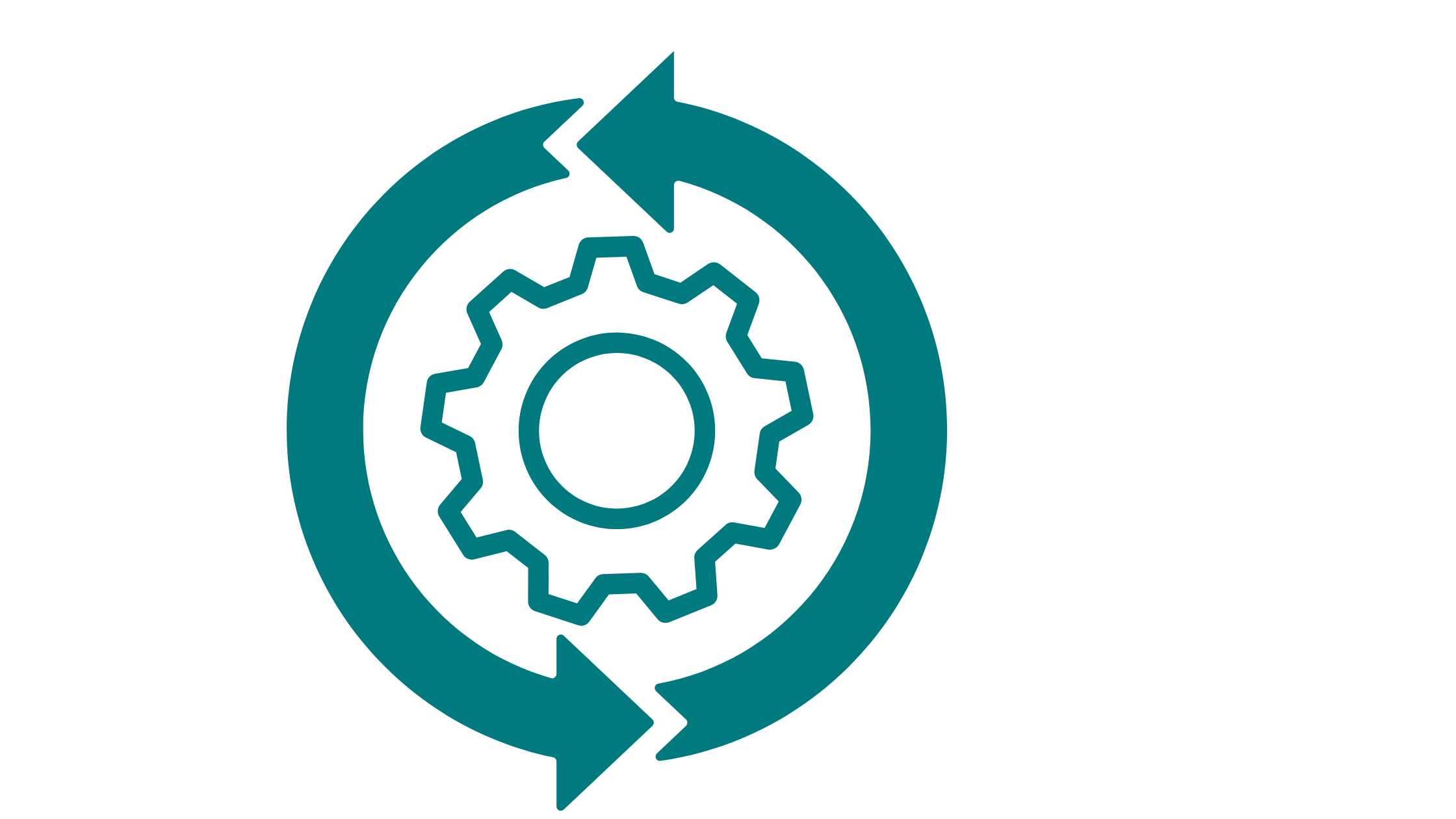 Icon representing a recycling gear with circular arrows around it, symbolizing continuous improvement or process recycling.