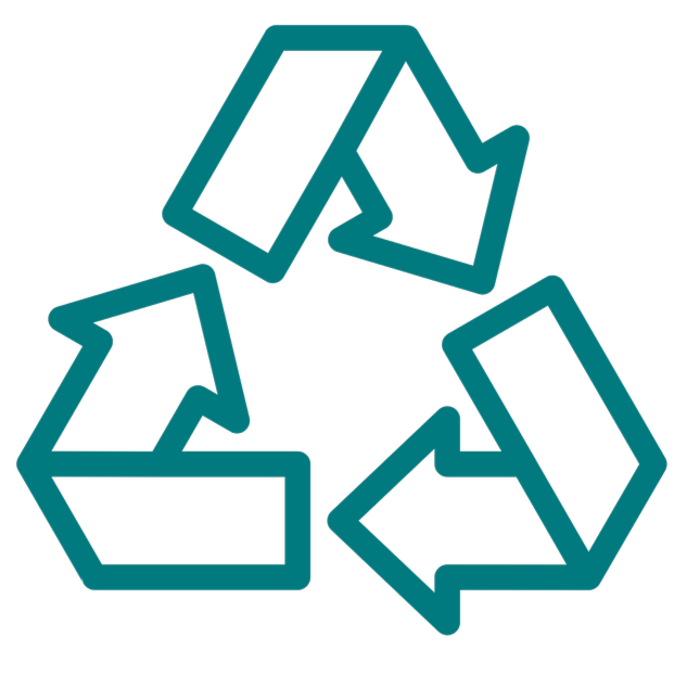 Recycling symbol with three blue arrows forming a triangle on a black background.