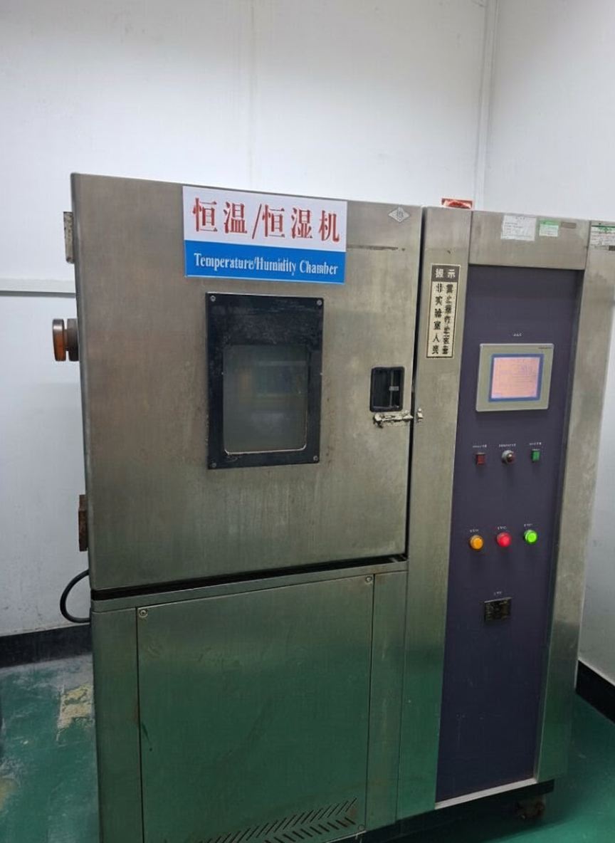 An industrial machine labeled 'Temperature/Humidity Chamber' with Chinese characters, control panel, small window, and instructions.