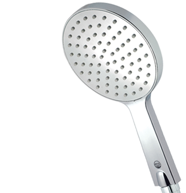 A white showerhead with small holes for water spray, attached to a flexible hose.