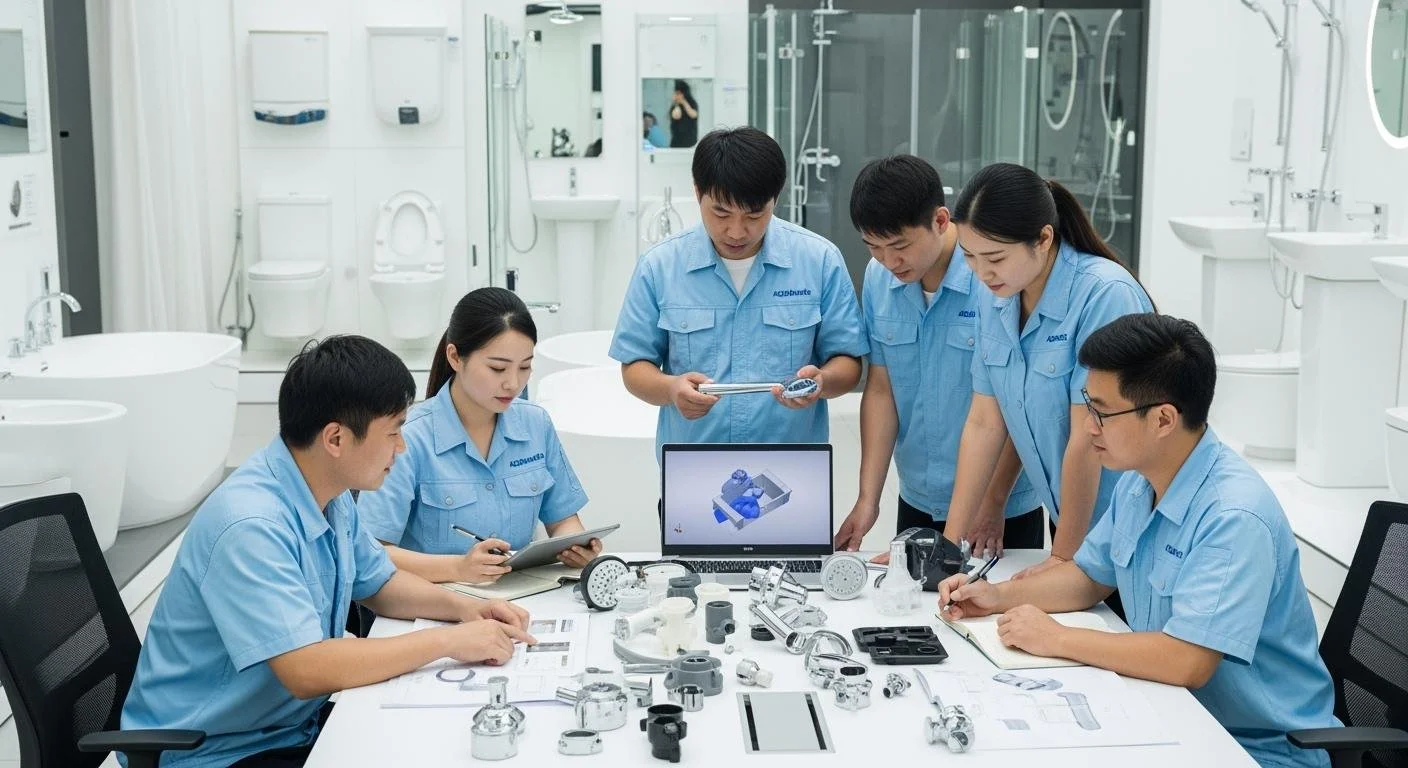 Six engineers in blue uniforms work on a project in a well-lit, white laboratory. They are gathered around a table with various mechanical parts and a laptop showing a 3D model of a mechanical component.