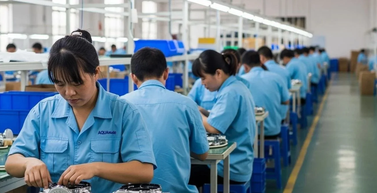 Workers in blue uniforms working at assembly lines in an industrial factory. We provide manufacturing & assembly solutions