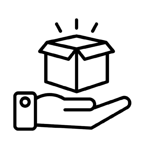 Outline of a hand holding an open box with light rays above it, representing opening or opening surprise.