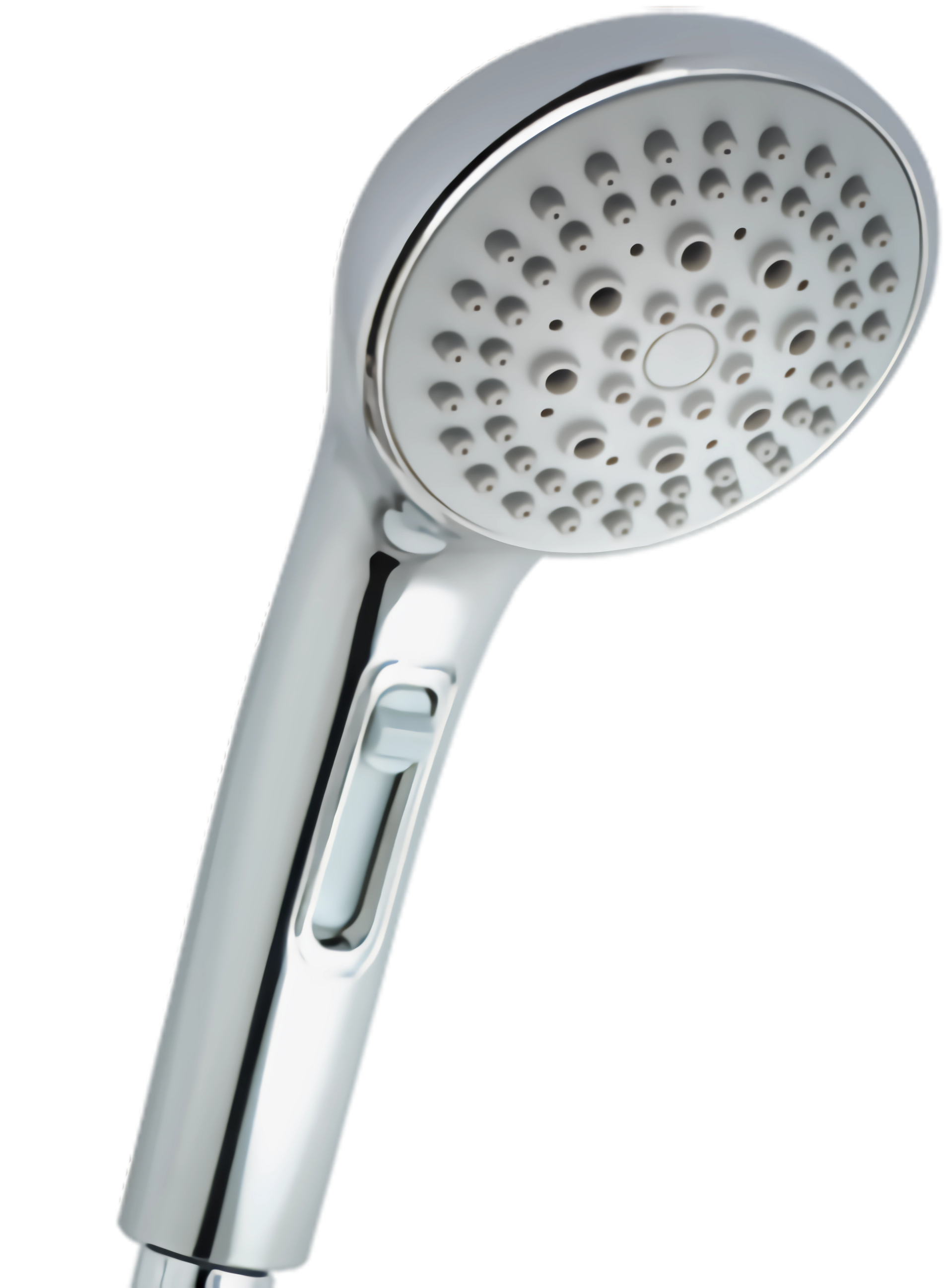 A silver handheld showerhead with multiple small holes for water spray.