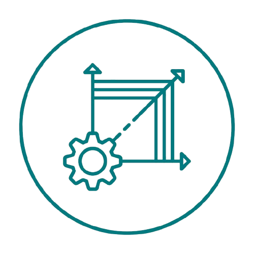 A gear icon overlapping a 3D graph with axes, representing technical or data analysis concepts.