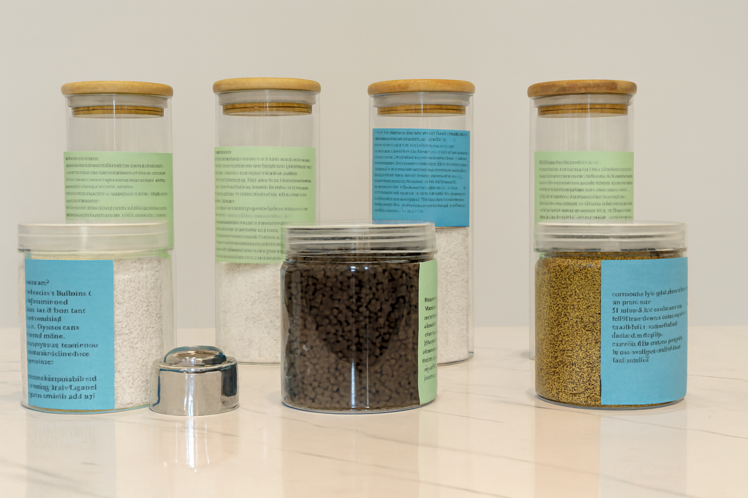 Various containers with labels containing text, some labels are blue and some are green, filled with different types of granular substances, set on a white surface against a neutral background.