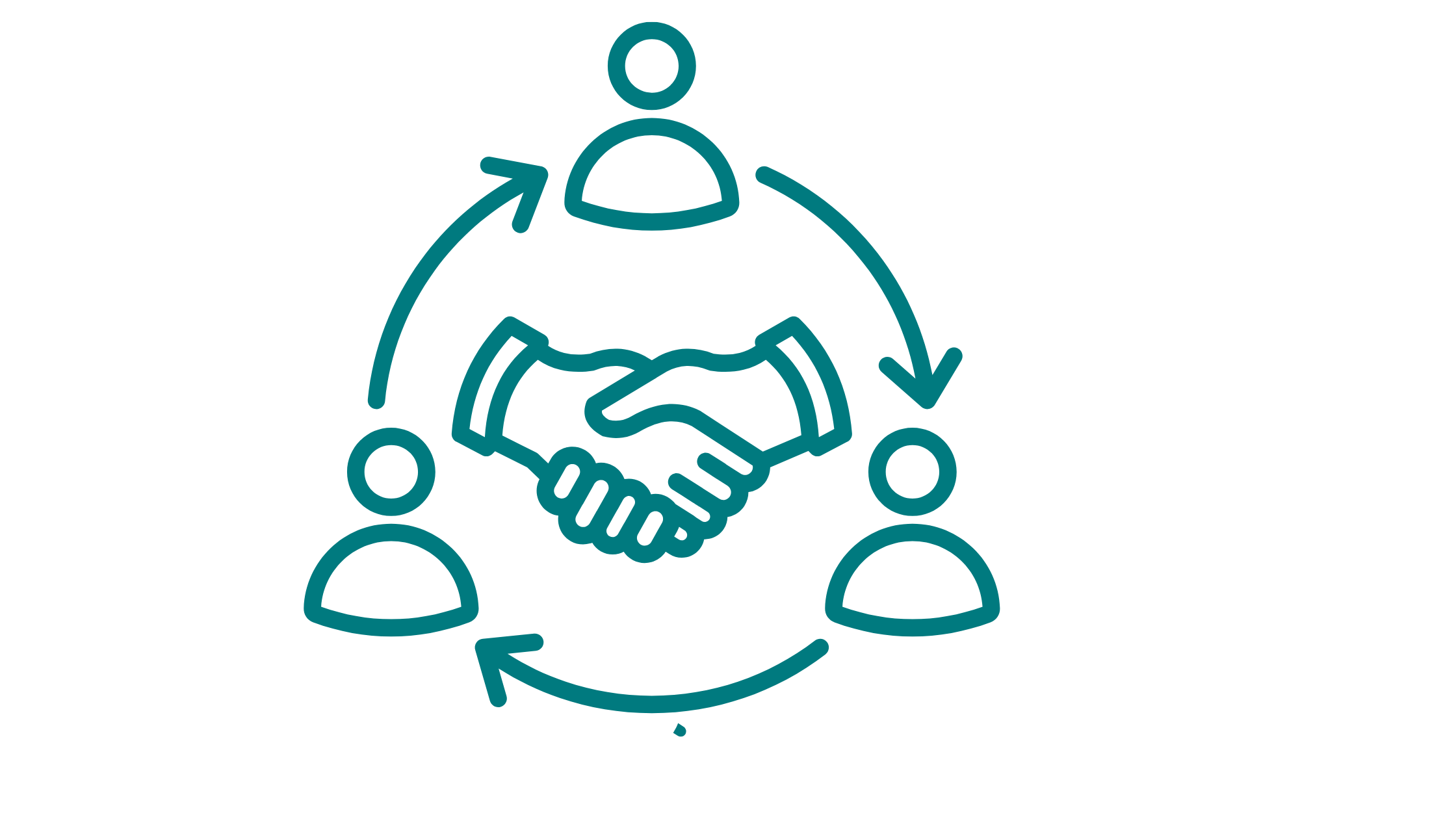 A graphic illustration of a handshake surrounded by five human figures connected with arrows, symbolizing teamwork and collaboration.