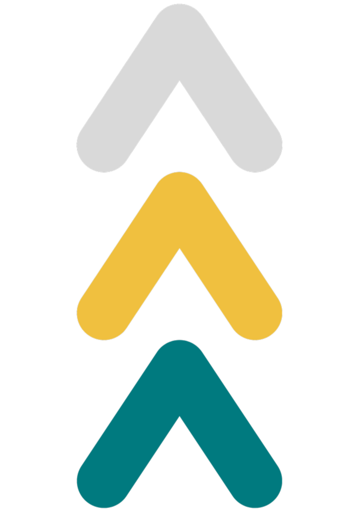 Three vertical arrows pointing upward, arranged in a column against a black background. The top arrow is light gray, the middle arrow is yellow, and the bottom arrow is teal.