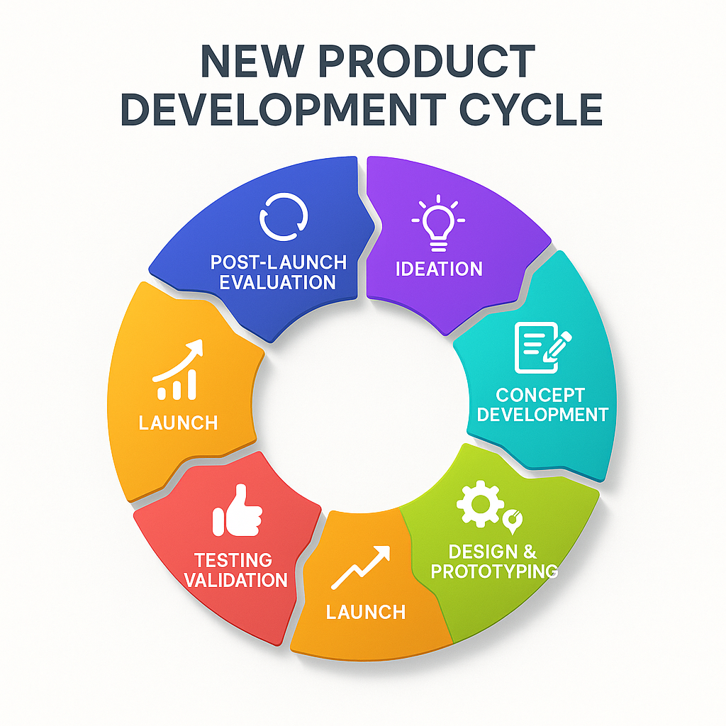 Circular infographic illustrating the new product development cycle, including phases: ideation, concept development, design and prototyping, launch, testing validation, launch, post-launch evaluation, in different colors.