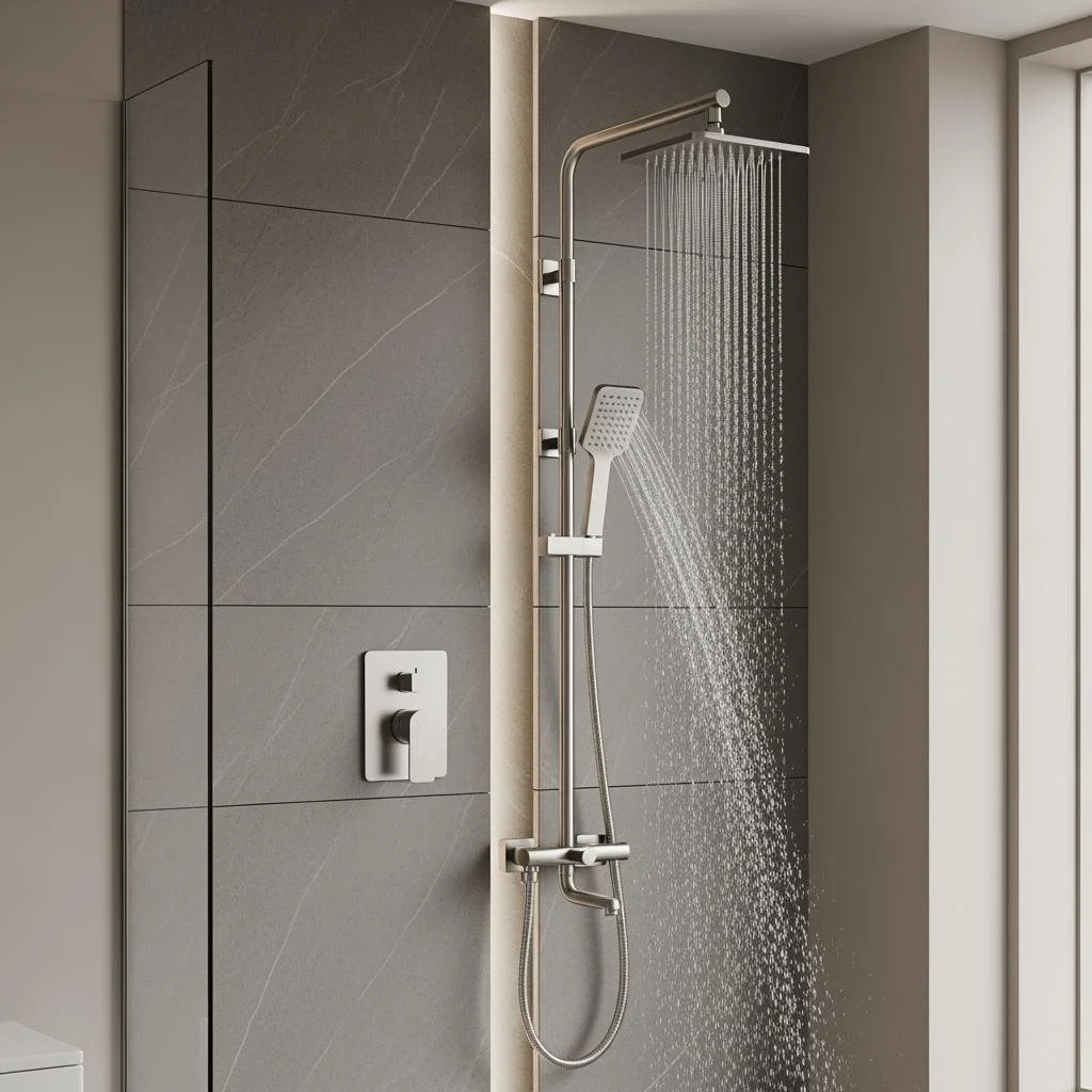 Modern shower with rainfall showerhead and handheld shower attached to a wall with gray tiles and minimal fixtures.