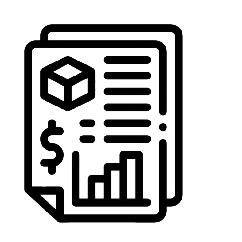Line drawing of a financial report with a 3D cube, dollar sign, bar chart, and line graph.