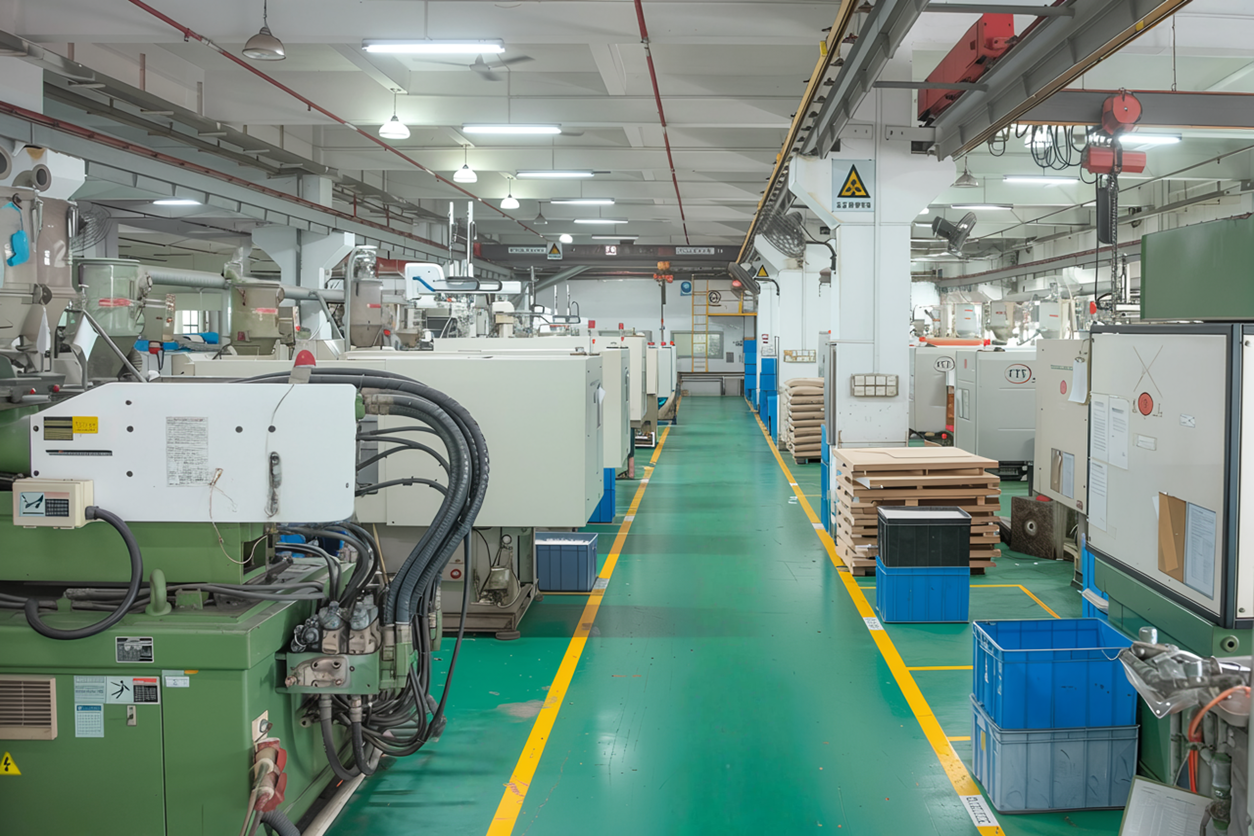 Interior view of an industrial factory or manufacturing plant with injection molding machines. We proivde plastic injection molding for industries such a sanitary, consumer goods, electronics, home and lifestyle.