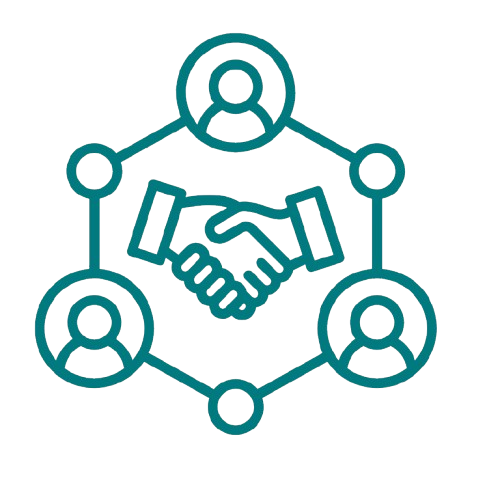 Outline of a network of four people connected around a handshake symbol, representing teamwork or collaboration.