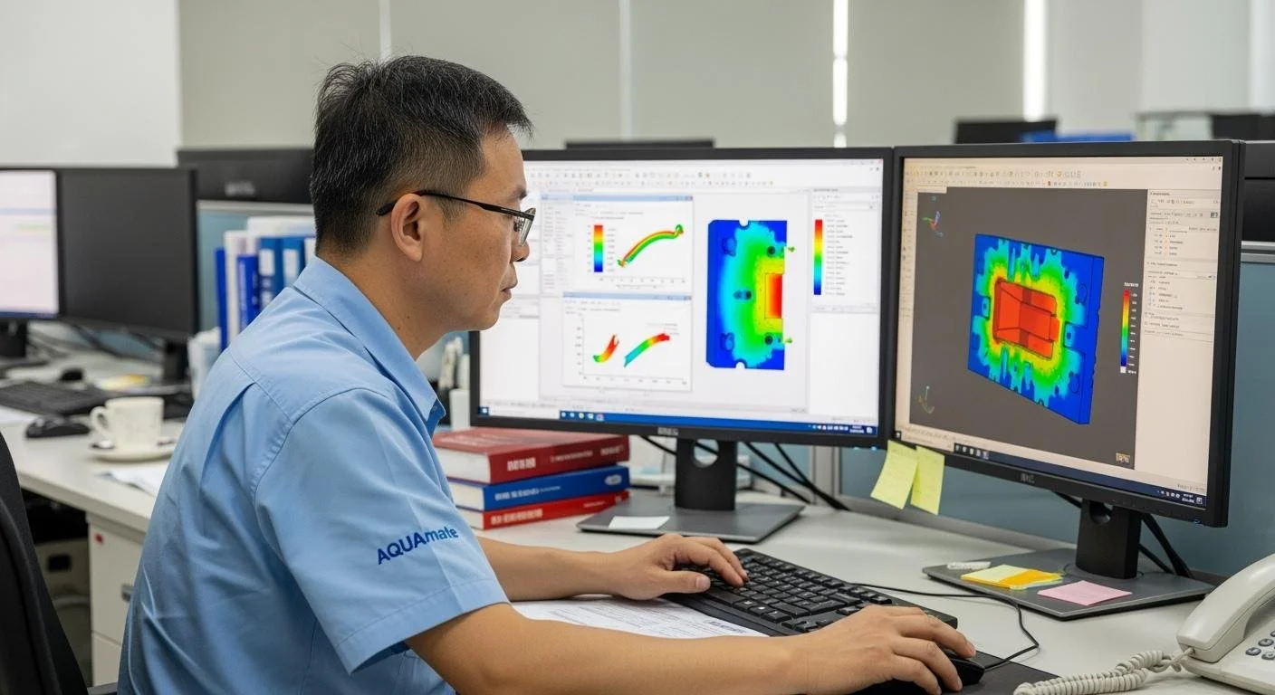 A person working at a desk with two computer monitors displaying colorful scientific or engineering data visualizations, and a keyboard and mouse in front of them.