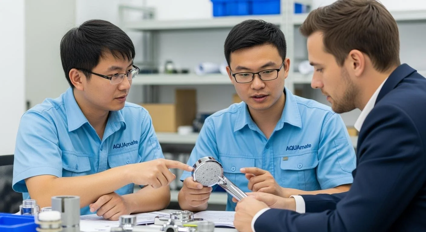 Two technicians, wearing blue uniforms, and a man in a suit exchange information about a showerhead in a laboratory or workshop setting. Business meeting with clients discussing about the development of a new showerhead