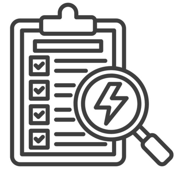 Checklist on a clipboard with a magnifying glass showing a lightning bolt symbol.