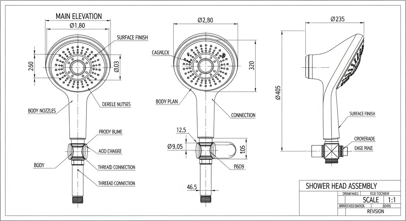 Technical drawing of a shower head assembly with labeled dimensions and parts, including main elevation, body plan, and side view.