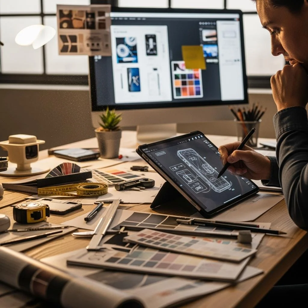 Person working on digital tablet designing a car with various design tools and color swatches scattered on a cluttered wooden desk, with a large monitor displaying digital content in the background.