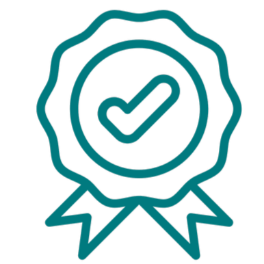 A digital icon of a certification badge with a check mark in the center, outlined in teal on a black background.