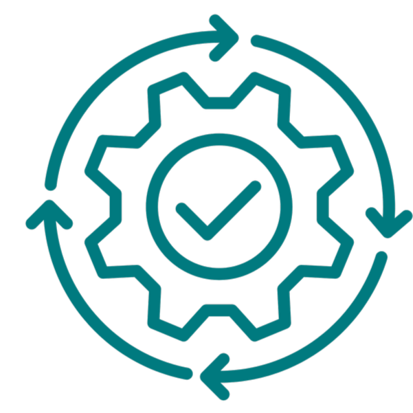 A gear icon with a check mark inside it, surrounded by circular arrows indicating a continuous process or cycle.