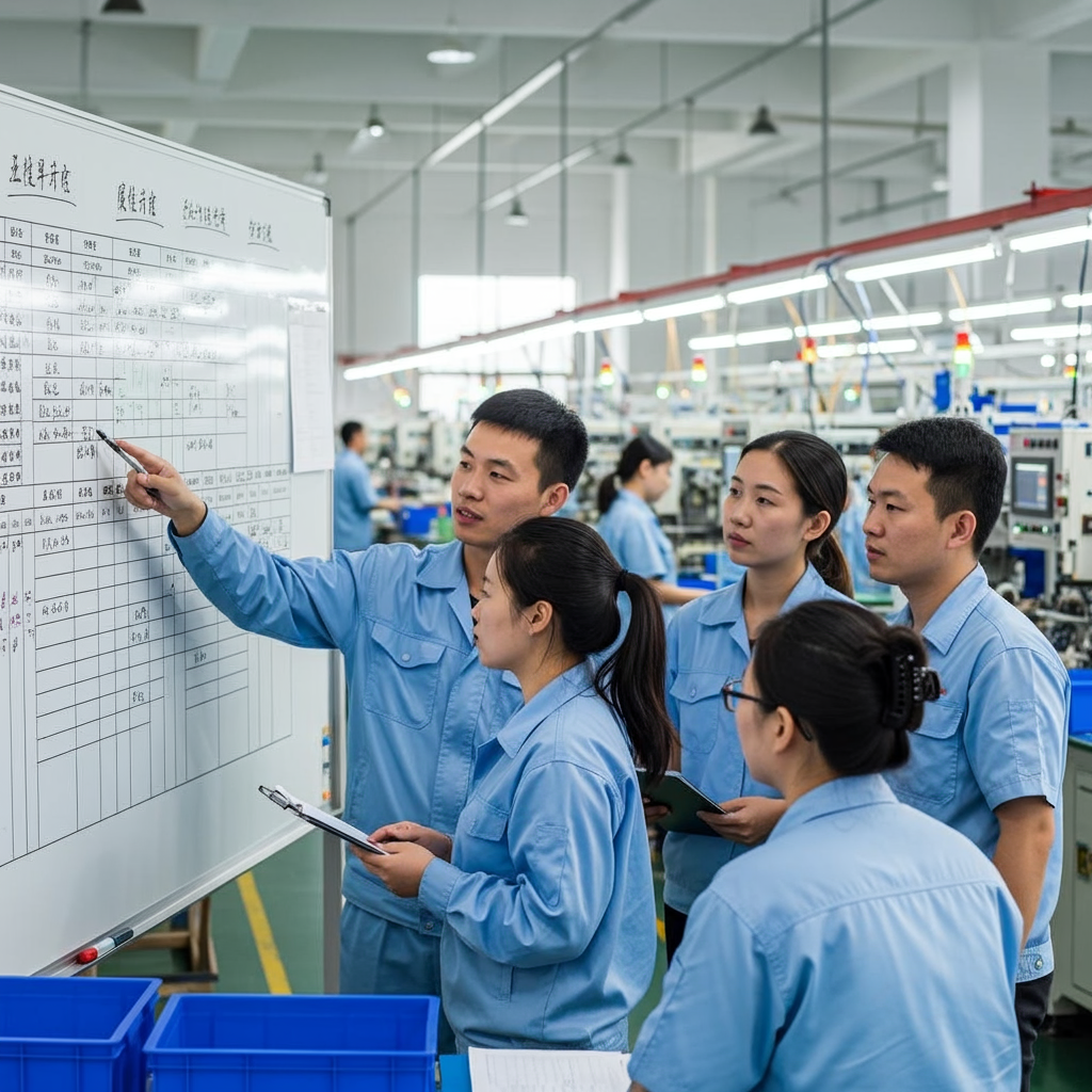 Factory workers in blue uniforms gathered around a whiteboard with charts and notes, discussing production schedules in an industrial setting.