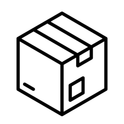 Line drawing of a cardboard box with labels and flaps.