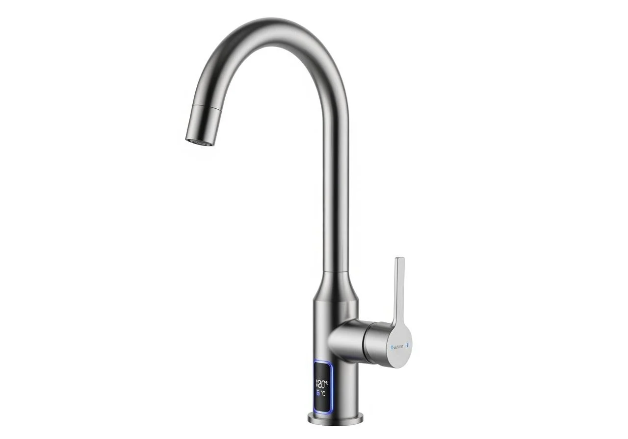 Modern stainless steel kitchen faucet with digital temperature display.