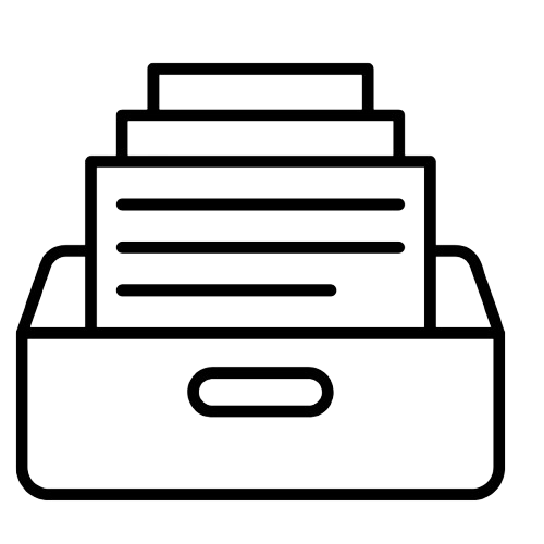 Line drawing of a printer with paper stacked on top.