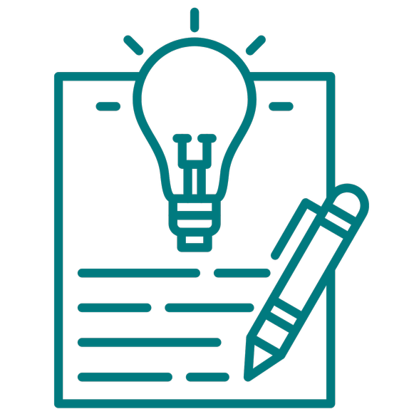 Line drawing of a document with a light bulb icon above it and a pen writing on it.