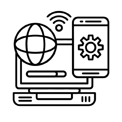 Line drawing of a globe, computer, smartphone with a gear icon, and wireless signal