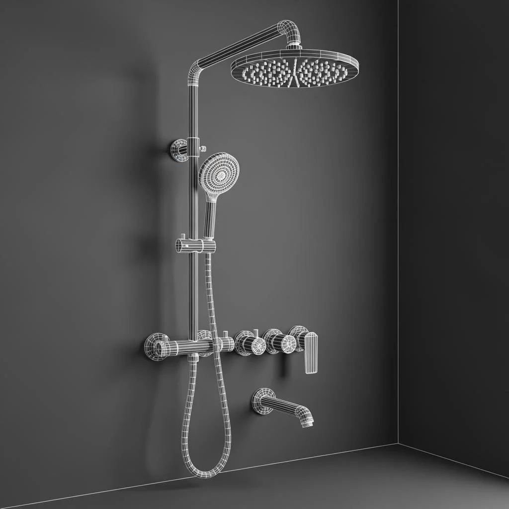 Wireframe model of a modern shower system with a large rainfall showerhead, handheld shower attachment, and various control knobs on a dark wall.
