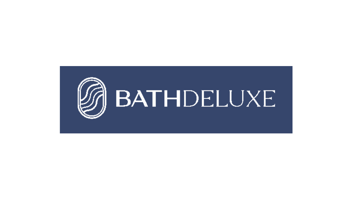 BATHDELUXE logo with a stylized icon of a bathtub and the company name in white on a dark blue background.