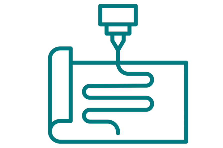 Illustration of a 3D printer printing an object with a filament nozzle and a partially printed scroll-shaped item.