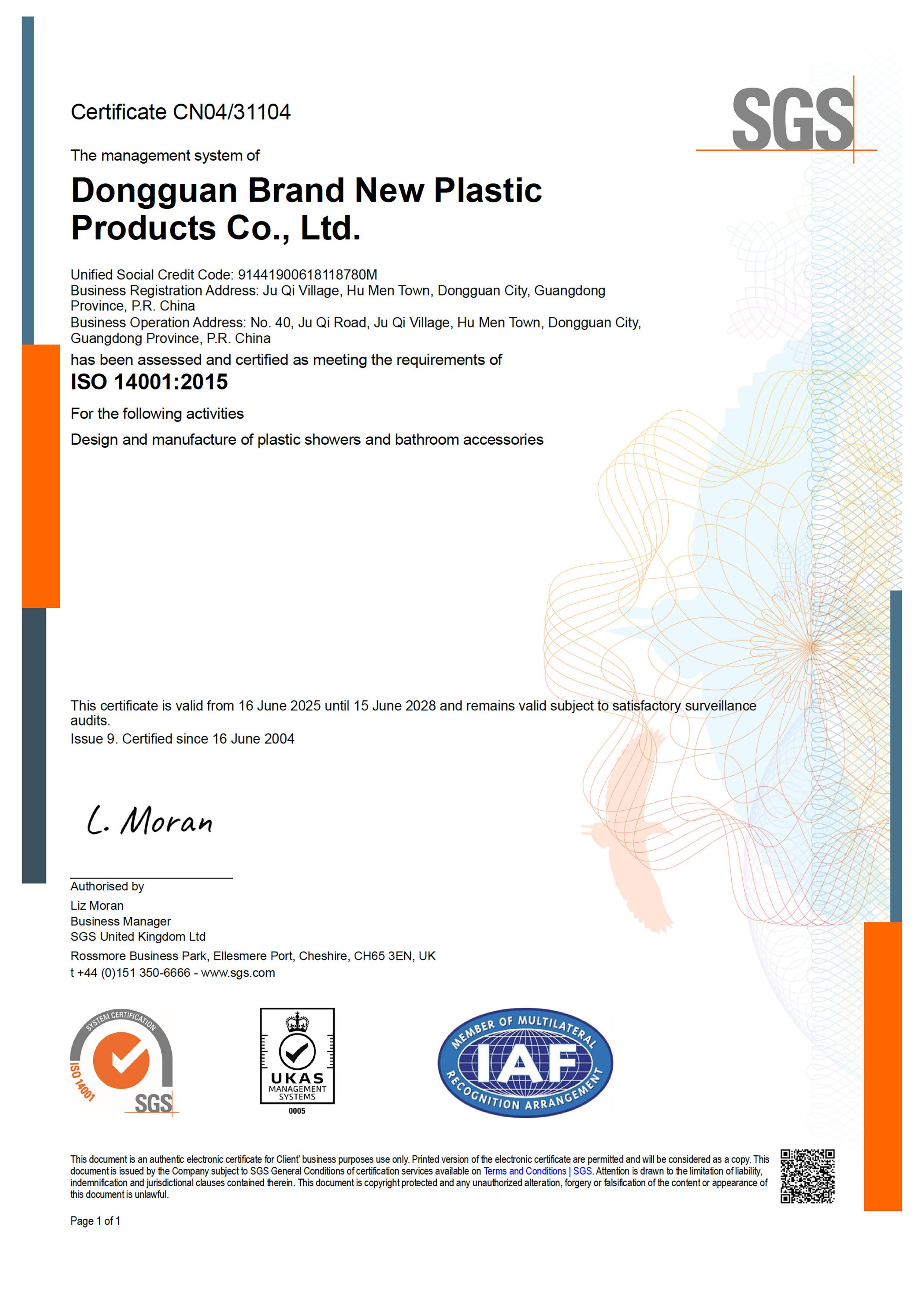 Certificate from SGS for Dongguan Brand New Plastic Products Co., Ltd., certifying ISO 14001:2015 compliance for manufacturing plastic showers and bathroom accessories, issued June 16, 2025.