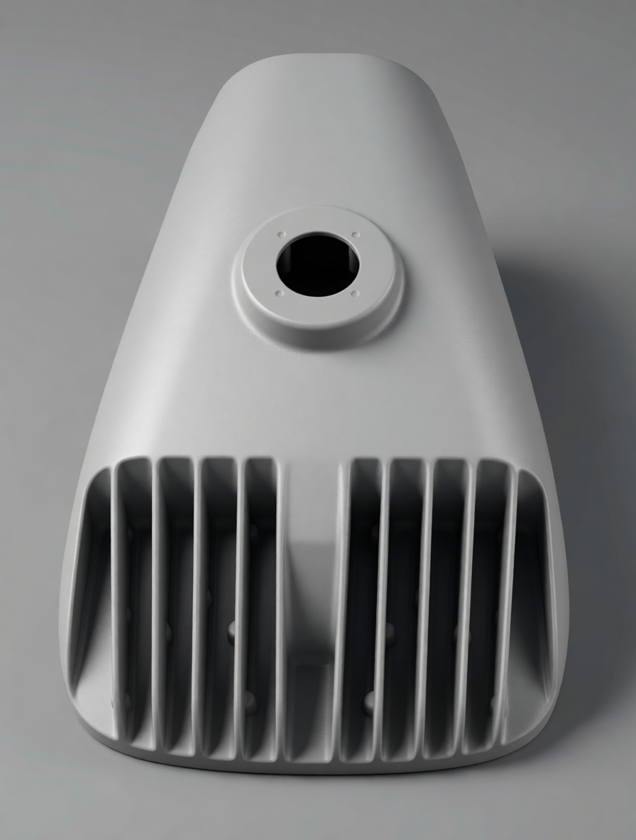 A white spaceship with a circular window and vertical air vents at the base.
