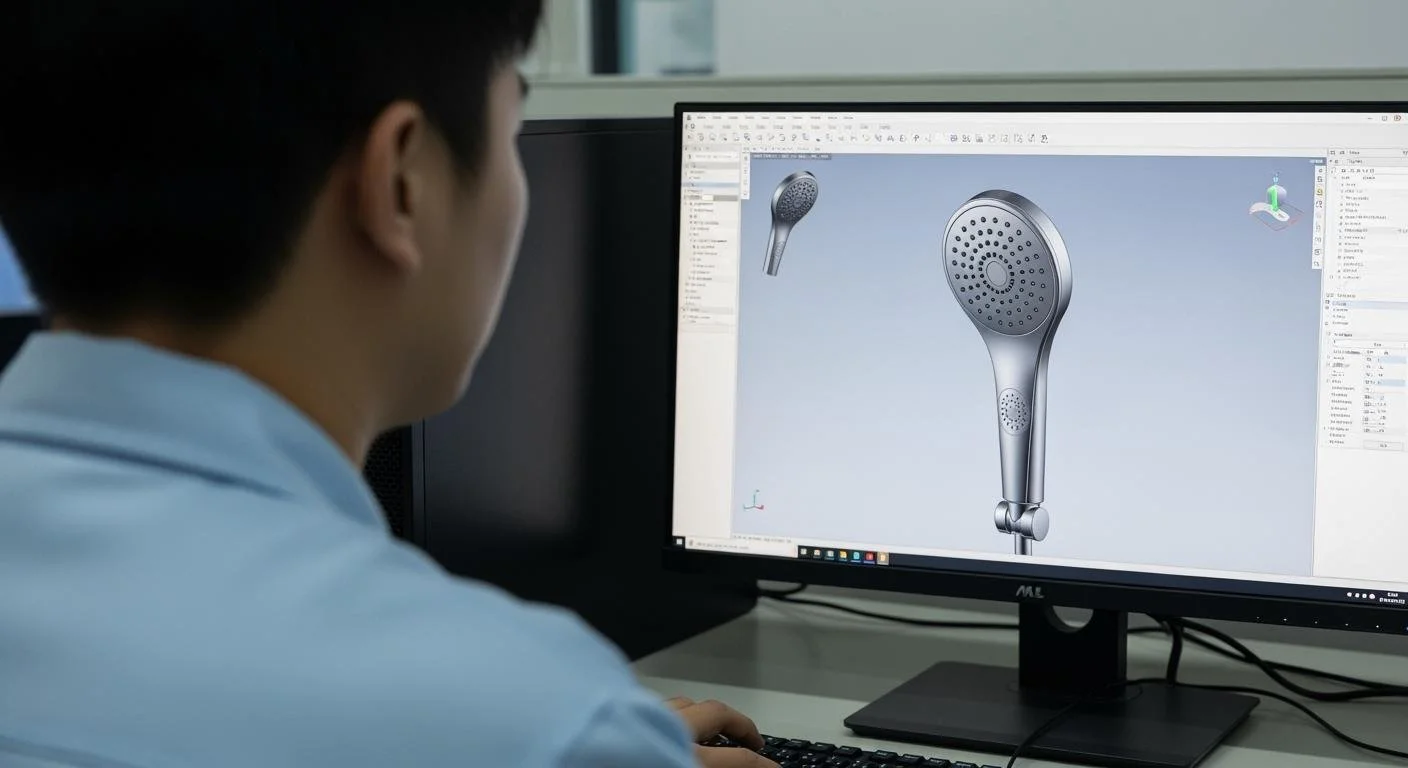 Person working on computer designing a 3D model of a showerhead.