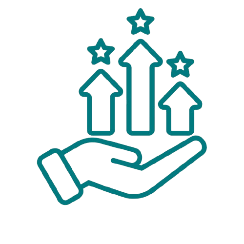 A hand holding three upward arrows with stars above them, symbolizing growth or success.