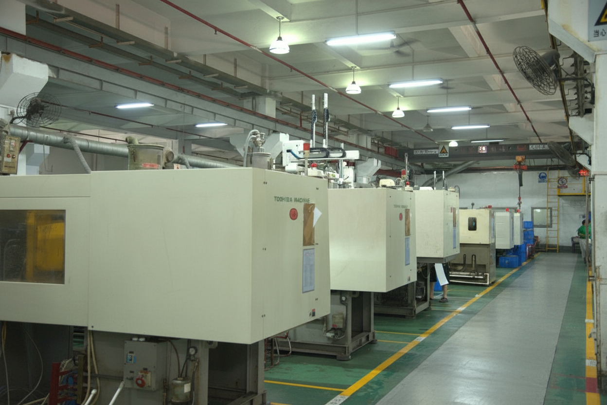 Industrial manufacturing plant with several large machines arranged in a line inside a factory with a concrete floor and overhead fluorescent lighting.