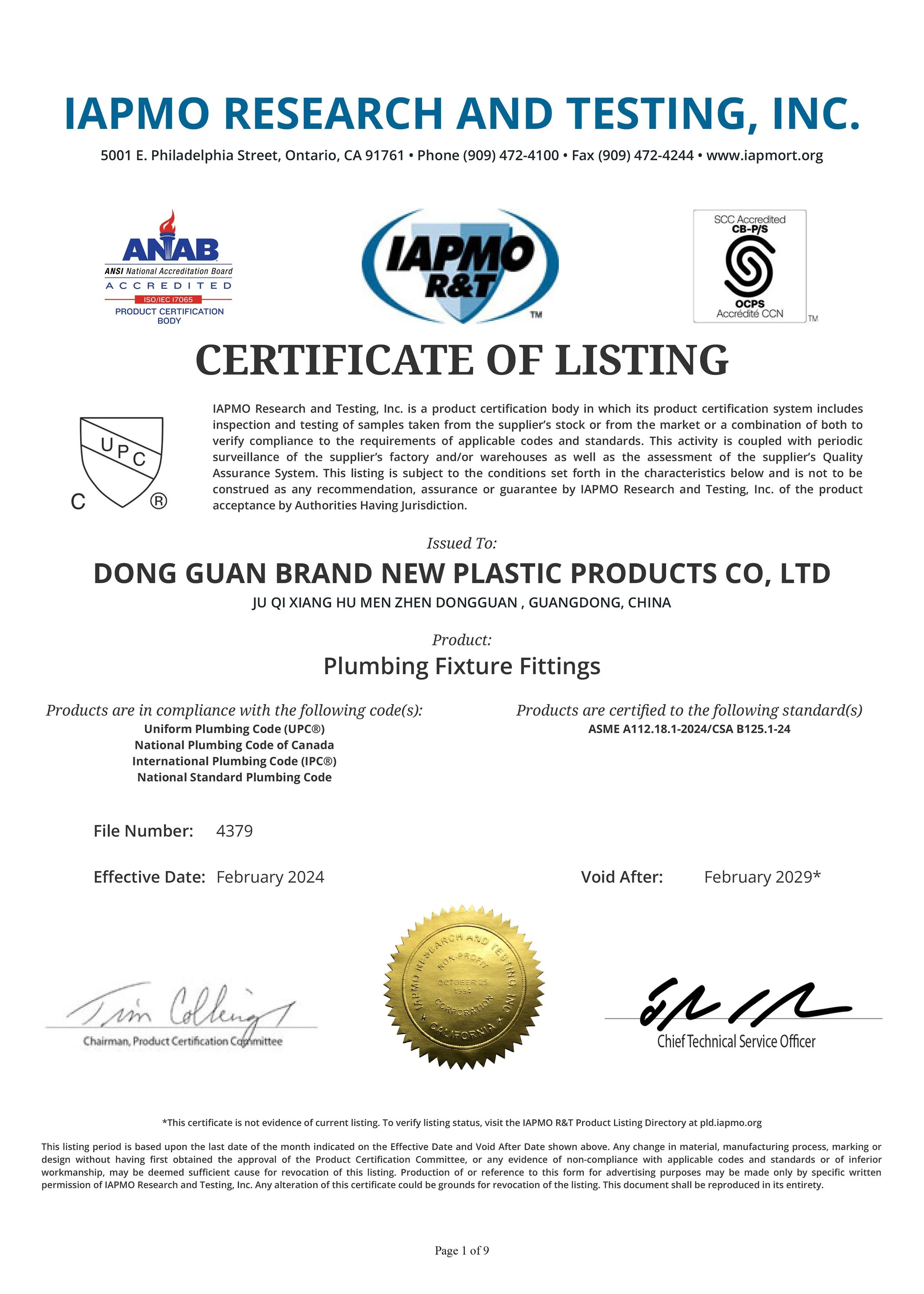 Certificate of Listing for DONG GUAN BRAND NEW PLASTIC PRODUCTS CO., LTD issued by IAPMO Research and Testing, Inc. for plumbing fixture fittings, with signatures, logos, and a gold seal at the bottom.