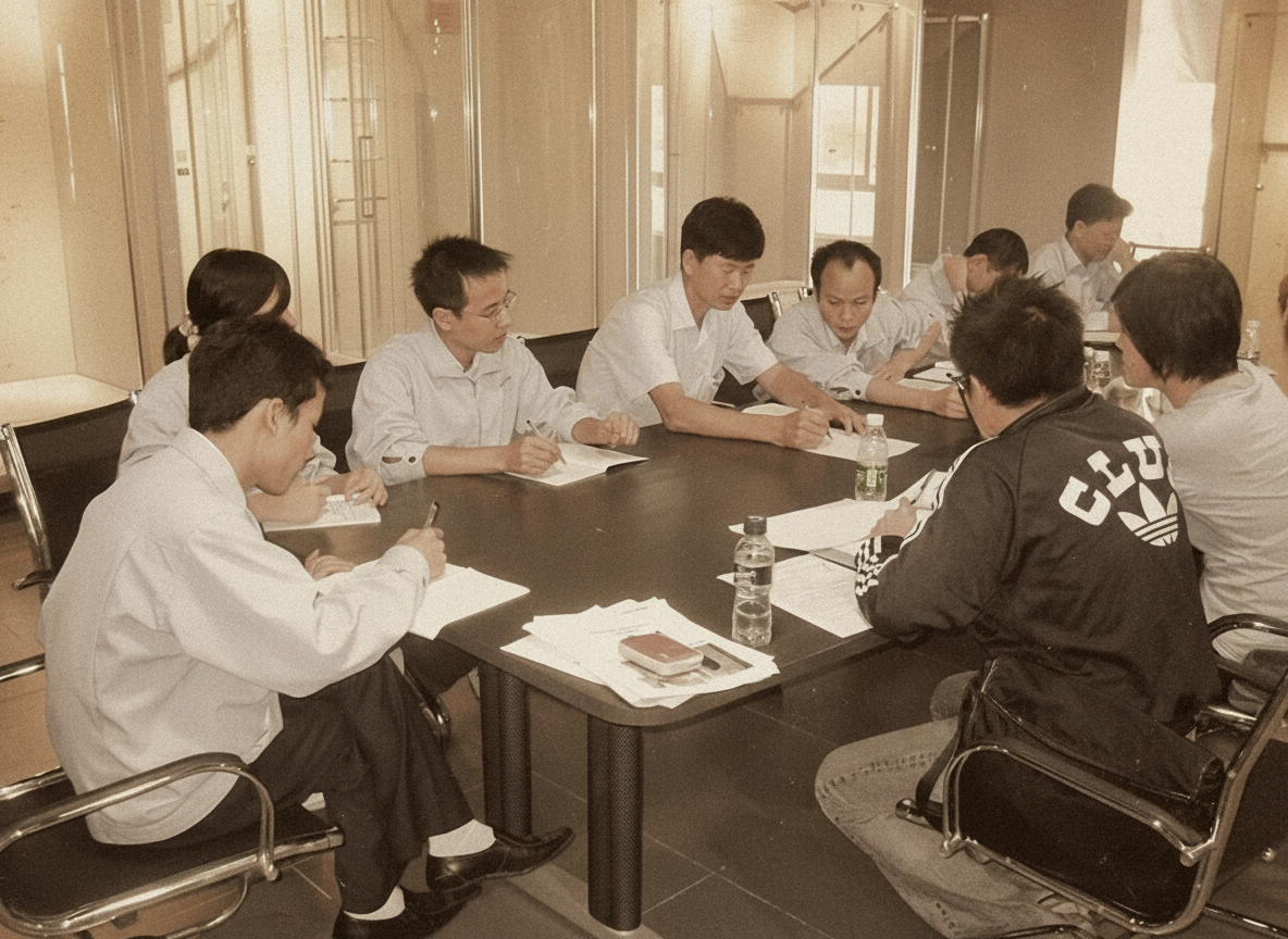 A group of people, mostly young students, sitting around a large conference table in a meeting or classroom setting, some taking notes.