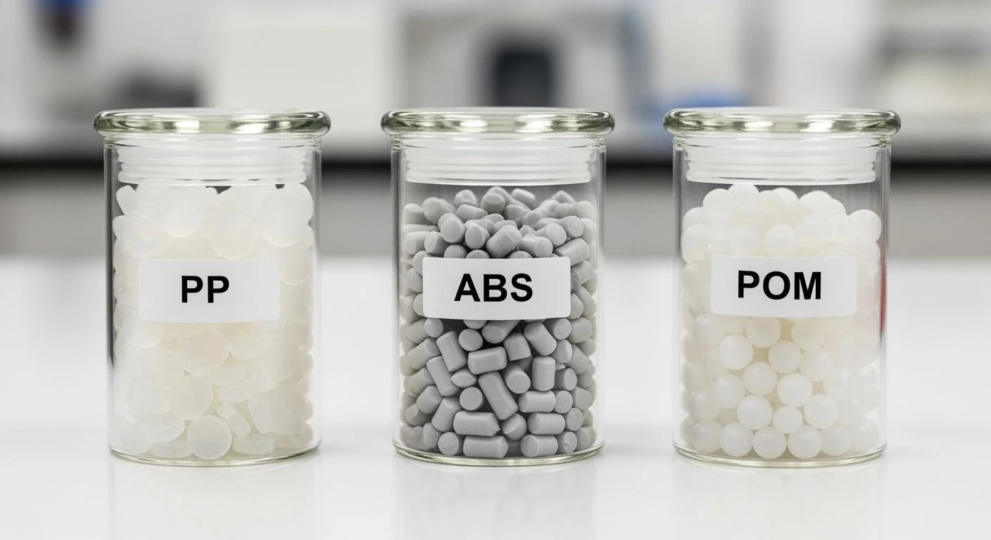 Three glass jars labeled PP, ABS, and POM containing different types of plastic pellets on a white surface in a laboratory setting.