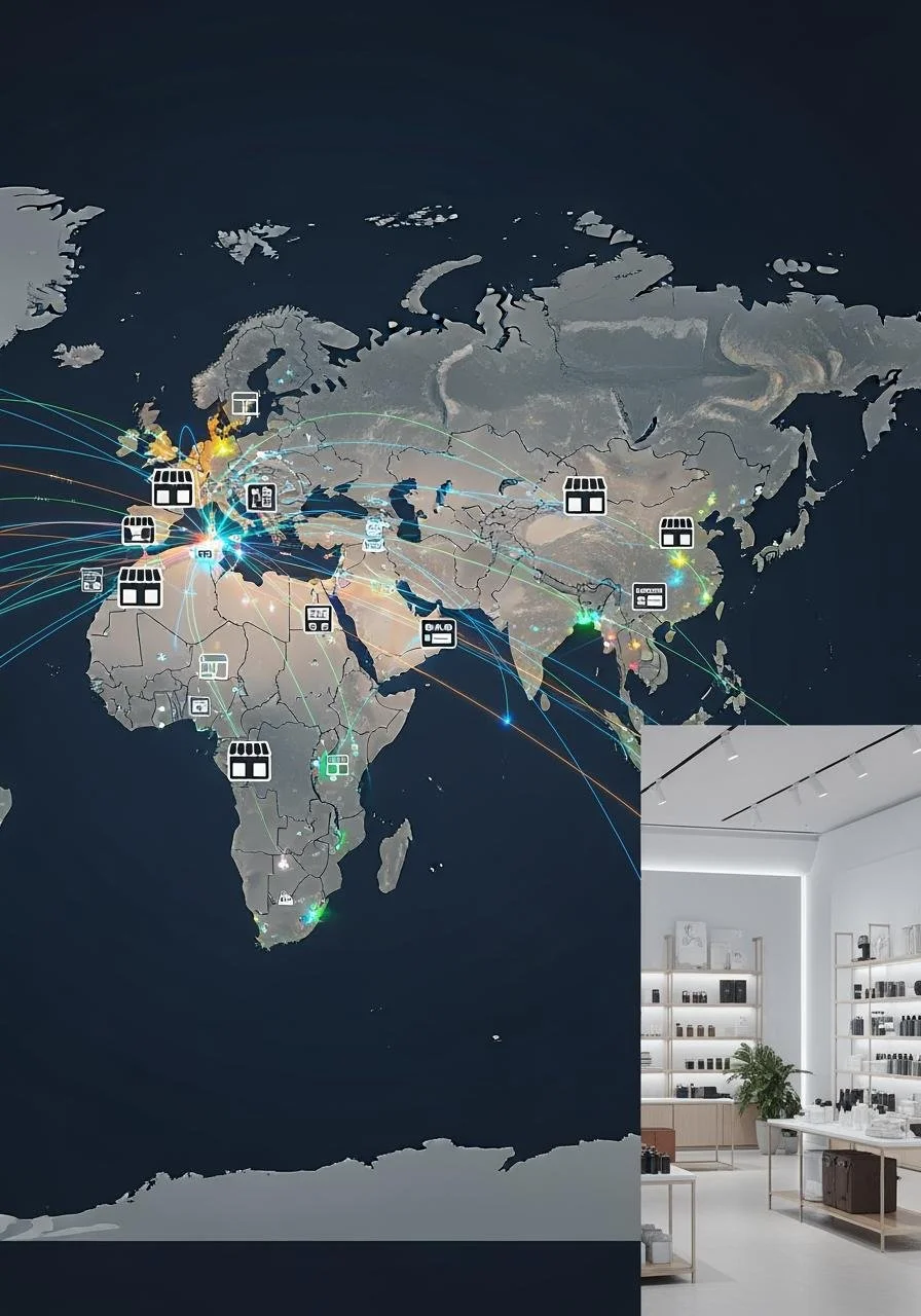 World map showing global connections with icons representing stores or locations, and an inset of a modern retail store interior with shelves of products and a plant.