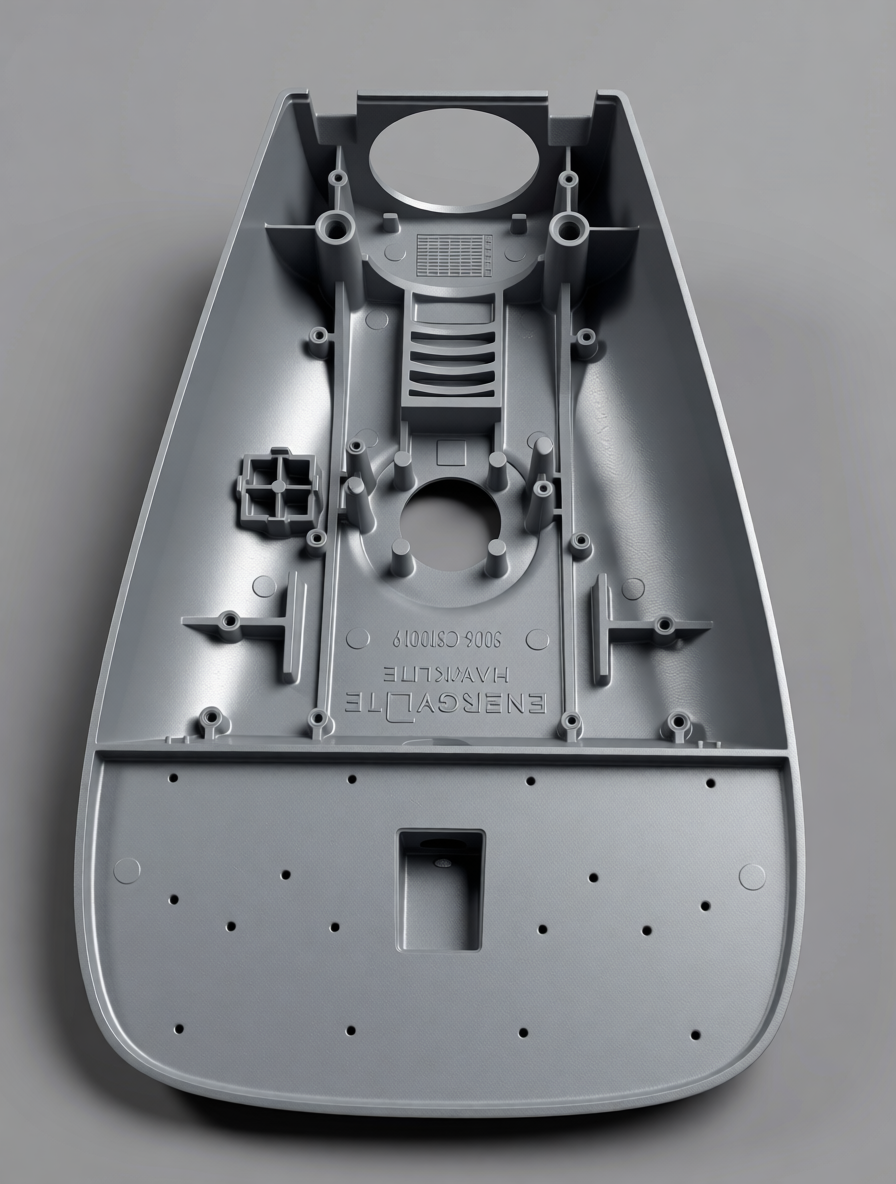 Gray plastic remote control casing with multiple screw holes and internal components for assembly, labeled "ENASOFT THE HALLOWEEN 2004 CS1019."
