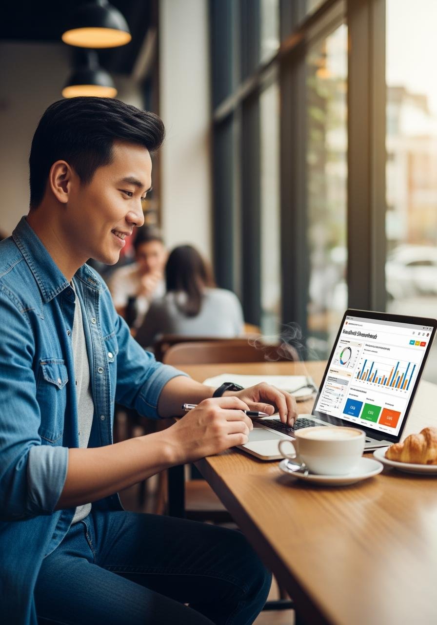 A young man in a denim jacket working on a laptop in a coffee shop. There is a cup of coffee, a croissant, and a smartphone on the table. The laptop screen displays charts and analytics.