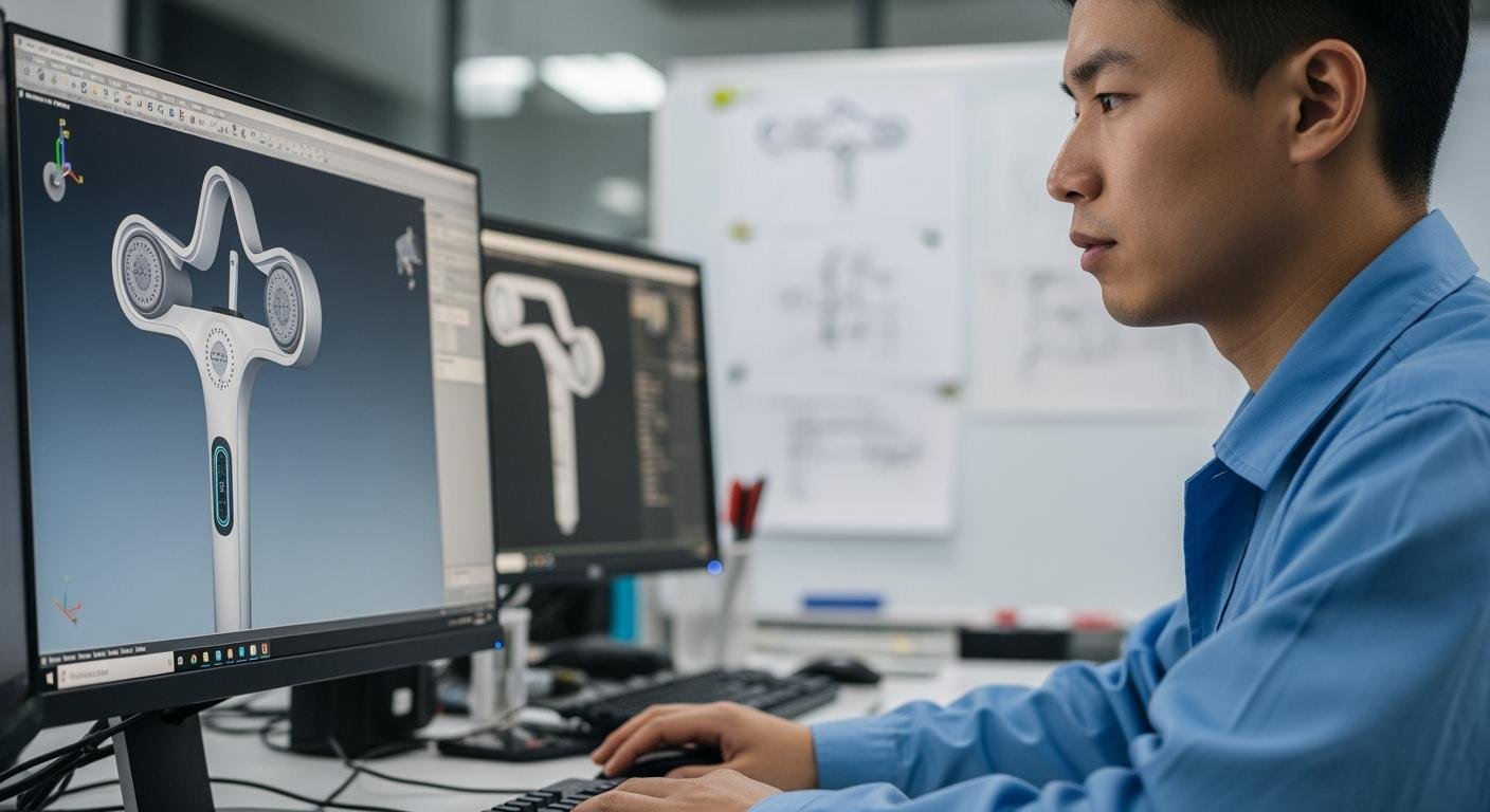 A person working on a 3D computer model of a showerhead on a dual monitor setup in an office or design studio.