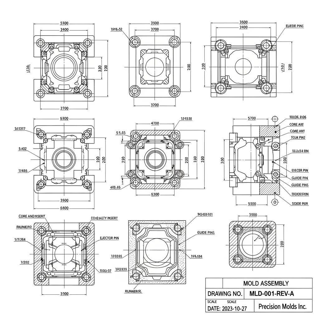 Technical drawing of a mold assembly showing multiple views with dimensions, labels, and annotations.