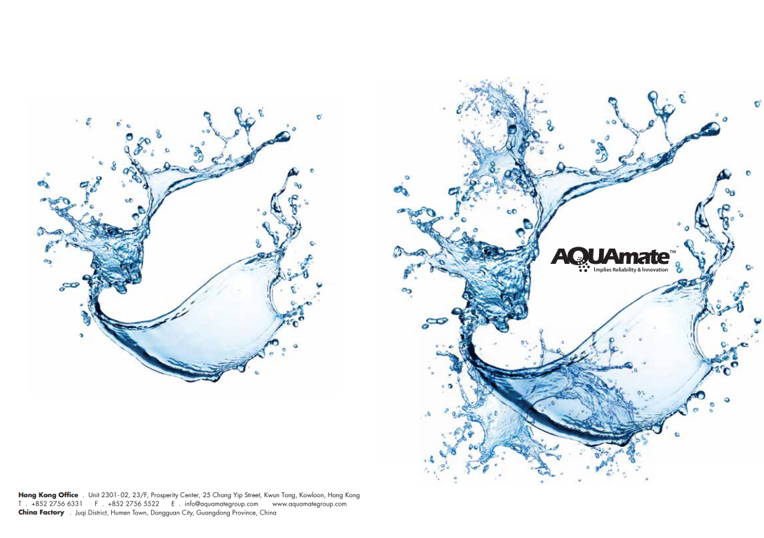Two images of water splashing in a circular motion, forming a dynamic splash shape, with the right image including the logo 'AQUAmate' and the tagline 'Impils Reliability & Innovation'.
